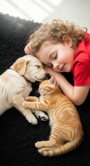 Veterinary Professional Holding Cocker Spaniel Puppy and Kitten. Smiling Person in Lab Coat with Stethoscope and Pets. Caring Interaction with Light Brown Puppy and Orange Kitten.