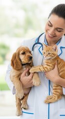 Veterinary Professional Holding Cocker Spaniel Puppy and Kitten. Smiling Vet in Lab Coat with Stethoscope and Pets. Caring Interaction with Light Brown Puppy and Orange Kitten.