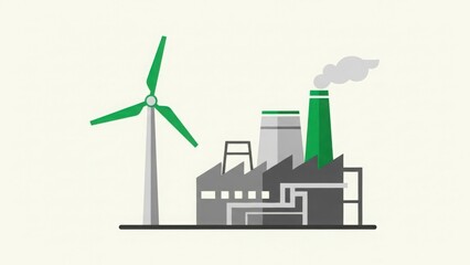 Obraz premium Green wind turbine contrasting with a polluting industrial factory. Concept of renewable energy versus fossil fuels and climate change. Flat vector illustration with copy space