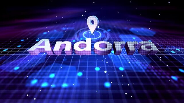 Andorra Map Location Pin with Futuristic Technology Grid Smart City Andorra Location Pin on Hi-Tech Background
