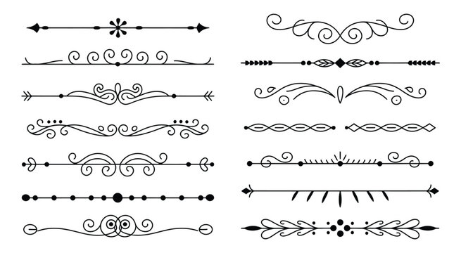 Divider borders, black ornate frame and decorative lines, symmetrical flourishes, curls, arrows, and tribal elements, vector set ideal for invitations, menus, certificates, and decorative graphics.