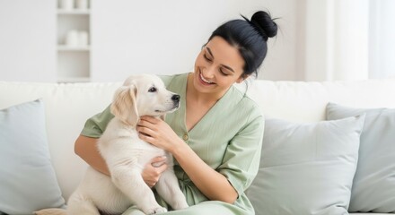 Woman in Green Dress Holding Fluffy White Puppy Indoors. Joyful Woman with Black Hair Smiling with Golden Retriever Puppy. Cozy Living Room Scene of Playful Pet Interaction.