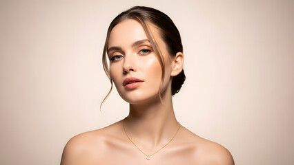 Minimalist beauty portrait of European woman wearing fine gold necklace, clean studio background.”