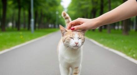 Human Hand Petting Light Brown Cat on Garden Pathway. Candid Outdoor Footage of Cat Enjoying Head Scratch. Manicured Red Nails Gently Scratching Domestic Cat Outdoors.