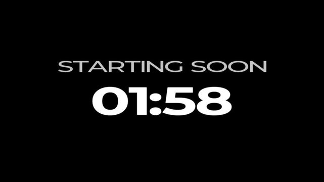 120 to 0 seconds, 2 minutes countdown with animated text streaming starting soon, 4k video on black background