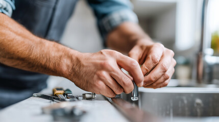 Close-up of faceless hands of two people together changing a lightbulb or fixing a kitchen cabinet, tools on the counter, partnership in fixer-upper tasks, gritty realistic lightin
