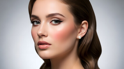 Naklejka premium Beautiful European woman with natural makeup wearing pearl earrings, clean studio portrait, refined style.