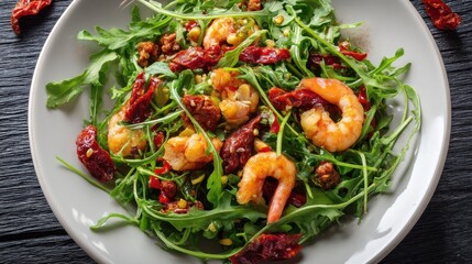 Fresh arugula shrimp salad with sun-dried tomatoes and walnuts.