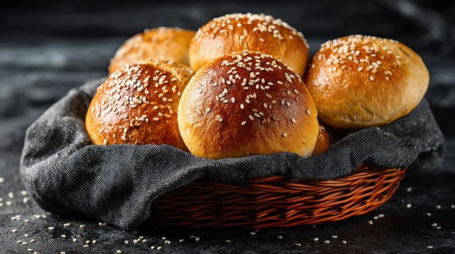Freshly baked sesame seed bread rolls in rustic basket. - Powered by Adobe