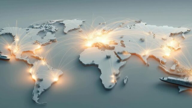 Global map with glowing network connections and illuminated shipping routes, illustrating worldwide logistics, international trade, global transport, and commerce connectivity in modern digital style