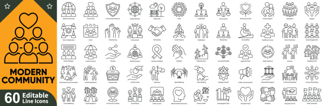 Modern community line editable icons set. Thin vector illustration of people, social network, neighborhood, friendship, family, connection & belonging symbols.