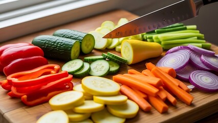 A vibrant assortment of colorful vegetables sliced on a wooden cutting board