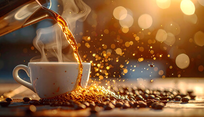 Morning Aroma Freshly Brewed Coffee Poured Into A White Cup With Roasted Beans Scattered Around In Warm Golden Sunlight With Bokeh Background