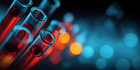 Abstract science laboratory background, chemical test tubes with red liquid, glowing orange bubbles on blue bokeh, medicine research backdrop