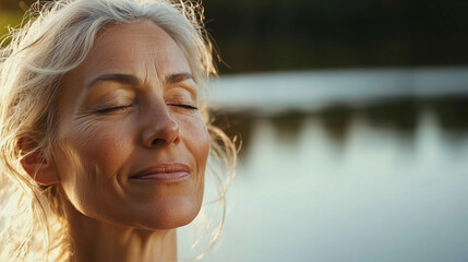 Mature woman with closed eyes relaxing near lake, calm nature background, mindfulness and wellness lifestyle concept.