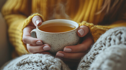Female hands holding warm cup of tea, cozy home atmosphere, comfort, relaxation and hygge lifestyle concept.