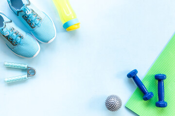 Still life of group sports equipment for fitness and healthy living, wellness concept, top view