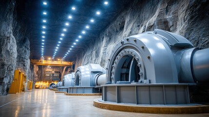 A massive power plant interior showcasing large turbines in a cavernous space.