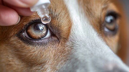 Close-up of a finger applying eye drops to a dog with cataract eye condition 