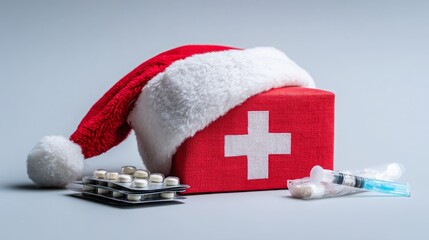 Christmas Santa hat combined with a gift box and medical supplies on a light background.