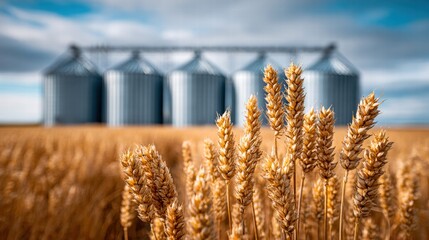Wheat field with grain silos under a cloudy sky