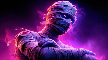 This digitally crafted mummy, illuminated by vibrant purple hues, projects an eerie atmosphere.