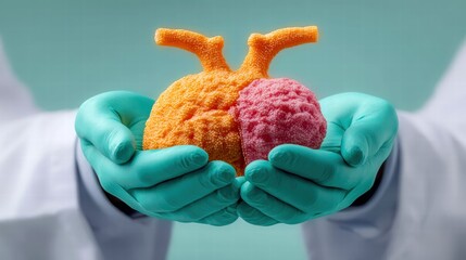 Medical professional holding a pituitary gland model, demonstrating medical and scientific advancements.