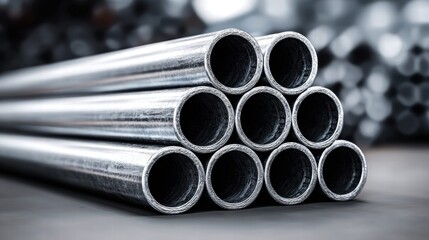 Close-up of a stack of shiny metal pipes