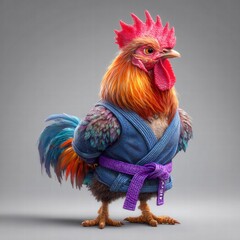 A rooster in a karate gi, ready to fight, is a funny and creative illustration.