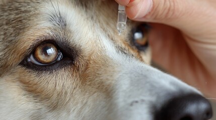 Close-up of a finger applying eye drops to a dog with cataract eye condition 