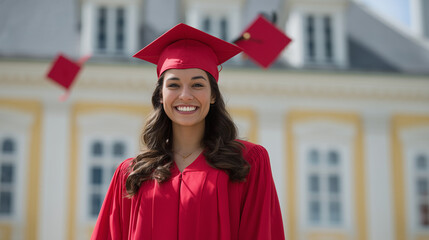 triumphant attention grabbing head portrait of high school graduate in a red gown with several mortarboards flying in the background . Magical natural daylight on a beautiful campu