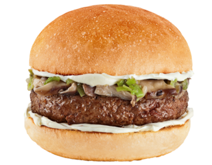 delicioso hambúrguer vegetariano grelhado com molho do cogumelos e maionese caseira isolado em fundo transparente