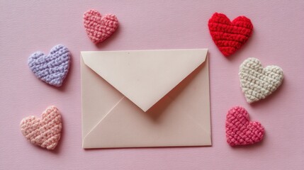 Fototapeta premium Romantic Flat Lay of Love Letter Envelope Surrounded by Soft Yarn Hearts on Pink Background