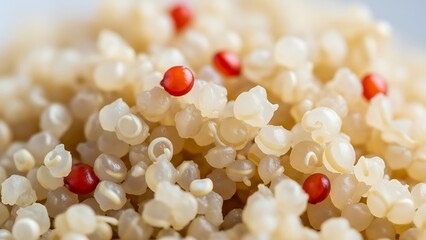 A close-up view of a pile of quinoa with red seeds