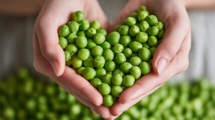 Close-up of fresh green peas held in hands forming a heart shape, healthy vegetable food concept 