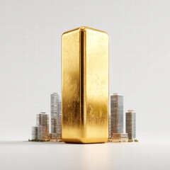 A giant gold bar towers over a city, representing financial wealth and prosperity.