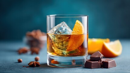 Whiskey cocktail with orange slice and ice cubes