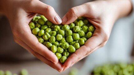 Close-up of fresh green peas held in hands forming a heart shape, healthy vegetable food concept 