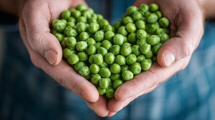 Close-up of fresh green peas held in hands forming a heart shape, healthy vegetable food concept 