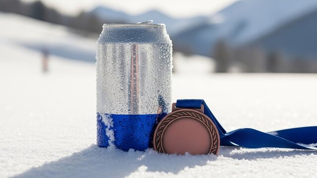 Cold drink can and bronze medal on snowy mountain