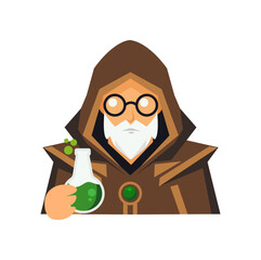 Alchemist cartoon character in flat design style, medieval scientist holding potion bottle, fantasy chemist wizard vector illustration.