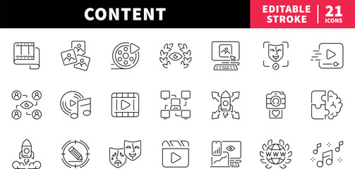 Content creation editable line icons set. media and design symbols