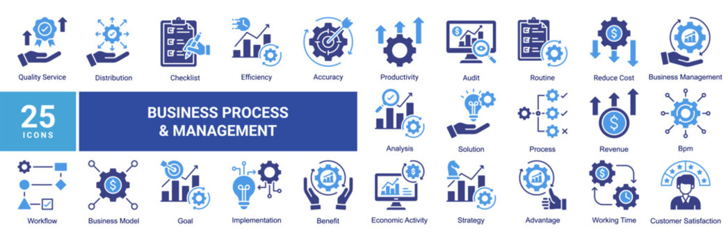 Business Process & Management icon set featuring workflow,efficiency,productivity,strategy,analysis,performance,and operational business management concepts.