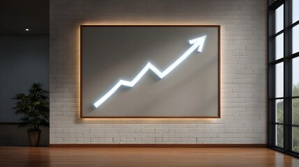 A bright neon arrow illustrates upward growth trends on a modern brick wall in an office setting