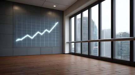 Modern office interior with a glowing financial growth graph projected on the wall overlooking a city skyline