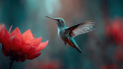 Fototapeta premium Hummingbird hovering near red flower in tranquil garden setting.