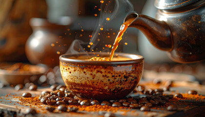 Hot Coffee Pouring From A Vintage Teapot Into A Rustic Ceramic Mug Surrounded By Roasted Coffee Beans And Ground Coffee On A Wooden Table With Soft Natural Lighting Creating A Warm Inviting