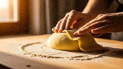A person kneading dough on a floured surface in a warm kitchen