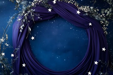 A celestial circular wedding arch draped in deep purple fabrics and adorned with white star accents for a night under the stars,