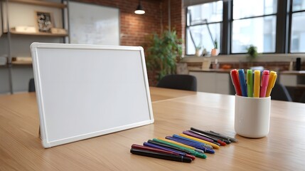 Naklejka premium A blank whiteboard and colorful markers are placed on a wooden table in a modern office workspace
